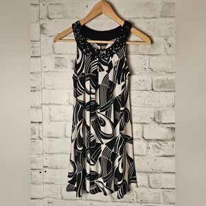 Dorothy Perkins Black White Print Sleeveless Shift Dress Beaded Neck